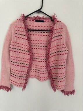 Women's Boden Cardigan Sweater Size S Pink Red Fringed Knit